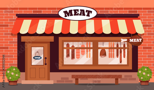 Vintage butcher shop store facade with storefront large window, columns and brick wall. Facade residential building front view. Graphic butcher shop exterior small business vector illustration