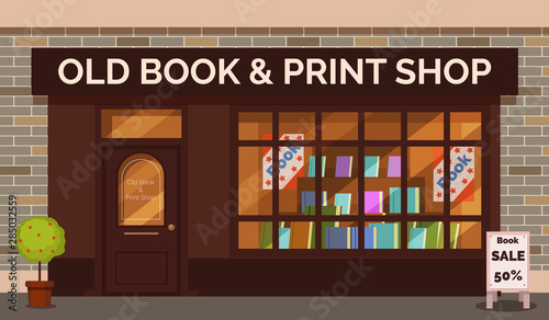 Vintage book shop store facade with storefront large window, columns and brick wall. Facade residential building front view. Graphic old book shop exterior small business vector illustration