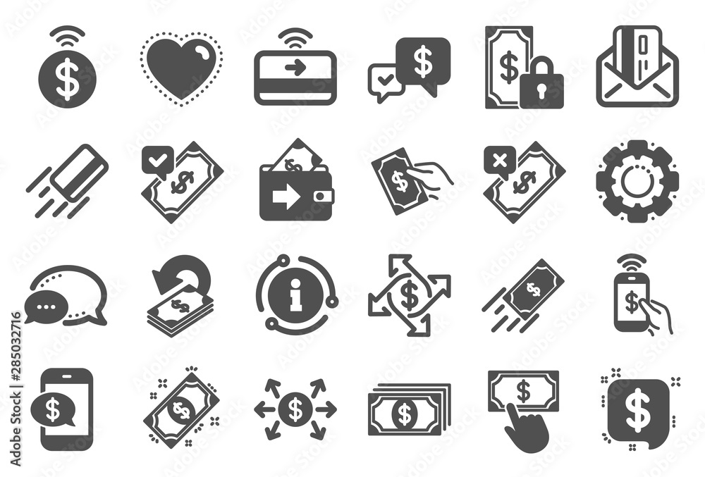 Payment wallet icons. Set of Accept money transfer, Pay with Phone and Credit card by mail icons. Online payment, Dollar exchange and Fast money send. Private pay, Cash and Wallet. Quality set. Vector