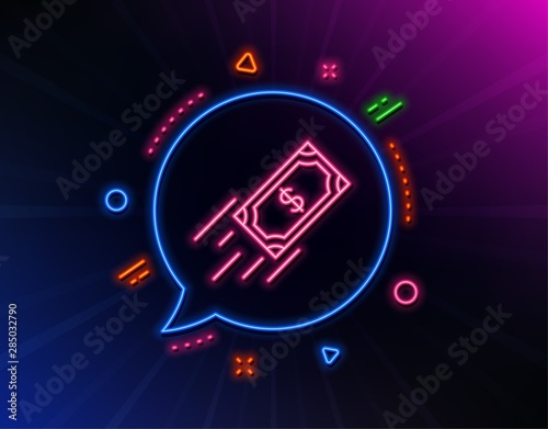 Fast payment line icon. Neon laser lights. Dollar exchange sign. Finance symbol. Glow laser speech bubble. Neon lights chat bubble. Banner badge with fast payment icon. Vector