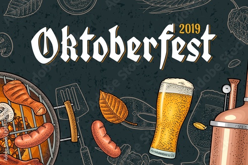 Horizontal poster to oktoberfest 2019 festival. Vintage color vector engraving