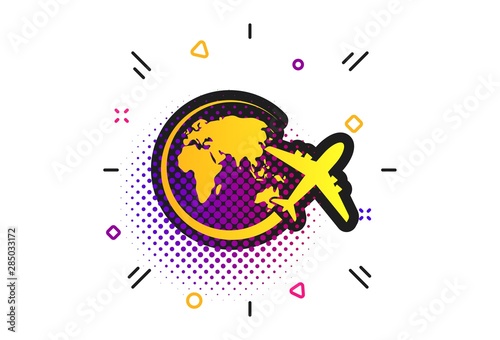 Airplane sign icon. Halftone dots pattern. Travel trip round the world symbol. Classic flat airplane icon. Vector