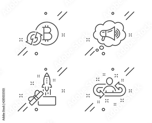 Innovation, Megaphone and Refresh bitcoin line icons set. Recruitment sign. Crowdfunding, Brand message, Update cryptocurrency. Manager change. Technology set. Line innovation outline icon. Vector