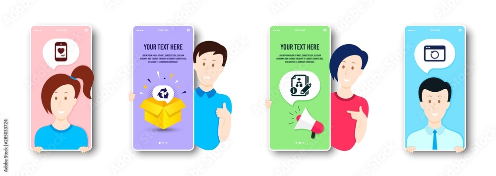 Recycle, Algorithm and Love chat icons simple set. People on phone screen. Recovery internet sign. Recycling waste, Project, Smartphone. Backup info. Technology set. Vector Recycle, Algorithm and Love chat icons simple set. People on phone screen. Recovery internet sign. Recycling waste, Project, Smartphone. Backup info. Technology set. Vector