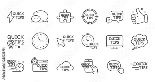 Quick tips line icons. Helpful tricks, Solution and Quickstart guide. Tutorial linear icon set. Quality line set. Vector