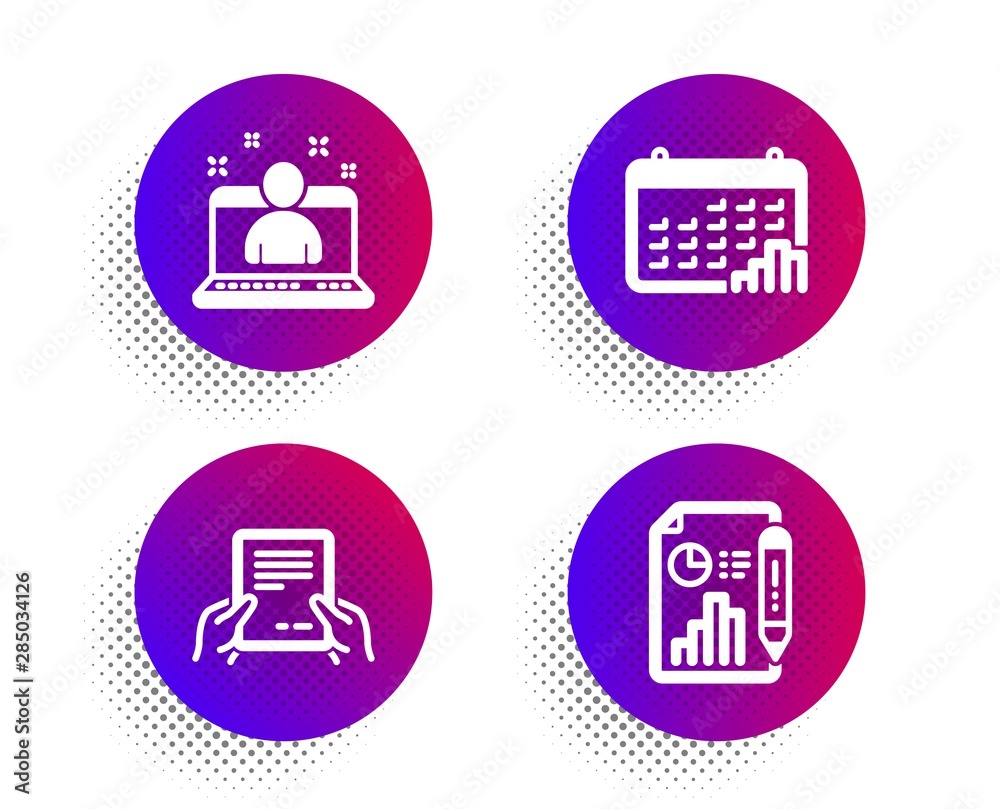 Receive file, Best manager and Calendar graph icons simple set. Halftone dots button. Report document sign. Hold document, Best developer, Annual report. Growth chart. Science set. Vector