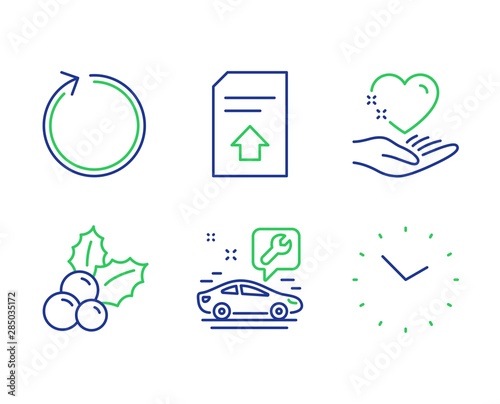Upload file, Loop and Car service line icons set. Christmas holly, Hold heart and Time signs. Load document, Refresh, Repair service. Ilex aquifolium. Line upload file outline icons. Vector