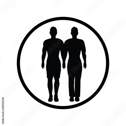 Vector silhouette of symbol of homosexual on white background. Sign of people, gay, homosexuality,lesbian,gender. Logo in round frame.