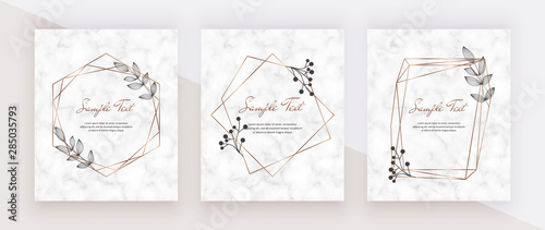 Wedding invitation marble cards with golden geometric polygonal lines frames and black leaves. Decorative lines borders. Template for blog posts, banner, card, save the date, poster, flyer	