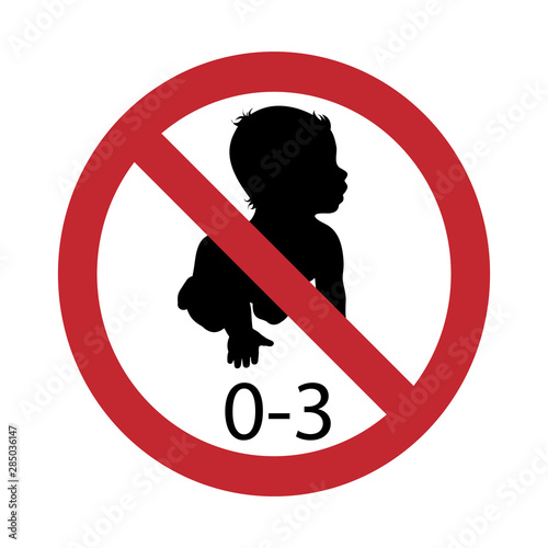Vector silhouette not for children under 3 years on white background. Symbol of stop,prohibition,warning,child,