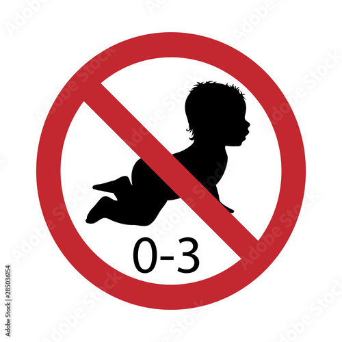 Vector silhouette not for children under 3 years on white background. Symbol of stop,prohibition,warning,child,