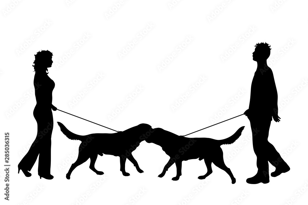 Vector silhouette of couple who walks with their dogs with leash on white badkground. Symbol of animal, pet, friends,walk. Vector silhouette of couple who walks with their dogs with leash on white badkground. Symbol of animal, pet, friends,walk.
