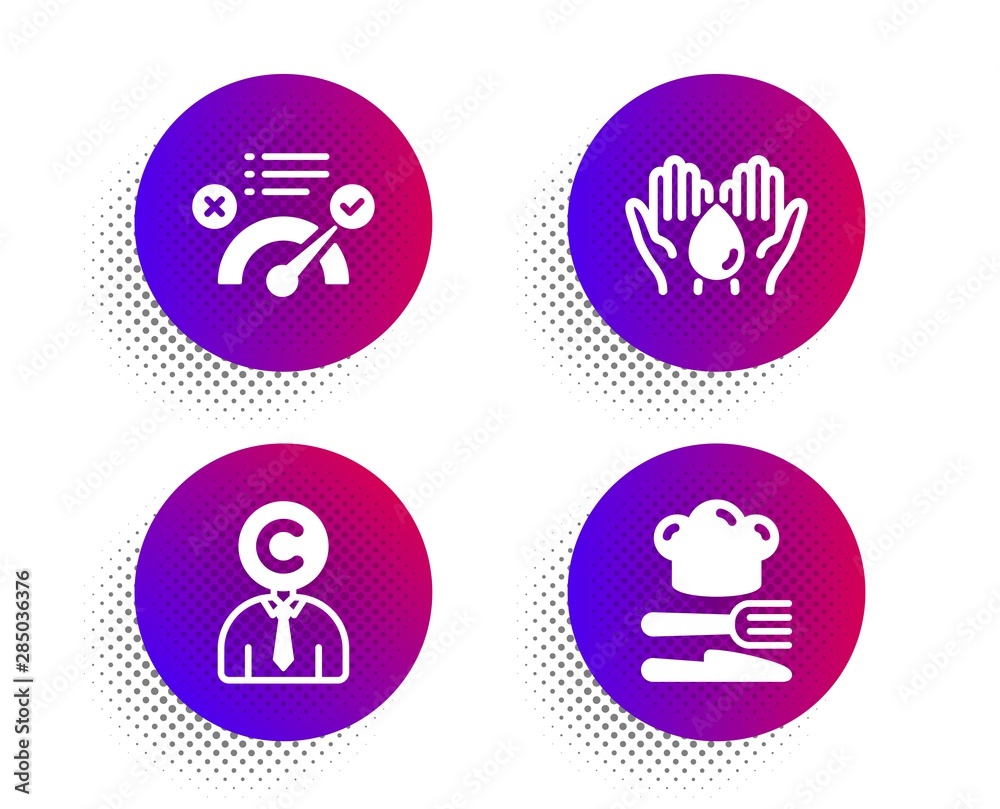 Correct answer, Wash hands and Copyrighter icons simple set. Halftone dots button. Food sign. Approved, Skin care, Writer person. Chef hat. Business set. Classic flat correct answer icon. Vector