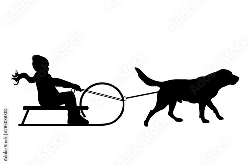Vector silhouette of child who pulls dog on slegde on white badkground. Symbol of animal, pet, friends,winter, funny.