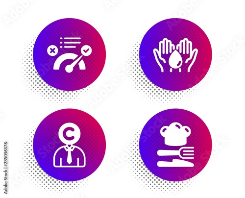 Correct answer, Wash hands and Copyrighter icons simple set. Halftone dots button. Food sign. Approved, Skin care, Writer person. Chef hat. Business set. Classic flat correct answer icon. Vector