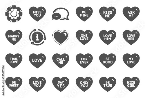 Sweet heart icons. Sweetheart for valentines day, love heart, romantic message. Marry me, call me, one love icons. Valentine flirt, nice girl, be mine dating message. Quality set. Vector