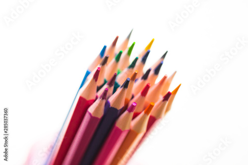 Color pencils with copy space isolated on white background close up view. Back to school.