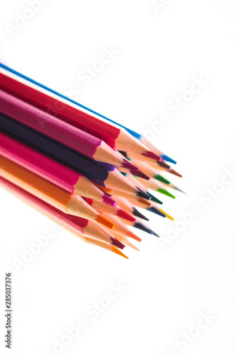 Color pencils with copy space isolated on white background close up view. Back to school.