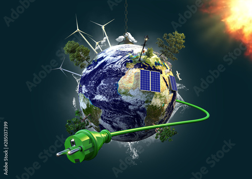 Energiegewinnung und Umweltschutz - Planet Erde mit Stromkabel photo