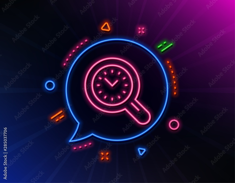 Time management line icon. Neon laser lights. Clock sign. Work analysis symbol. Glow laser speech bubble. Neon lights chat bubble. Banner badge with time management icon. Vector