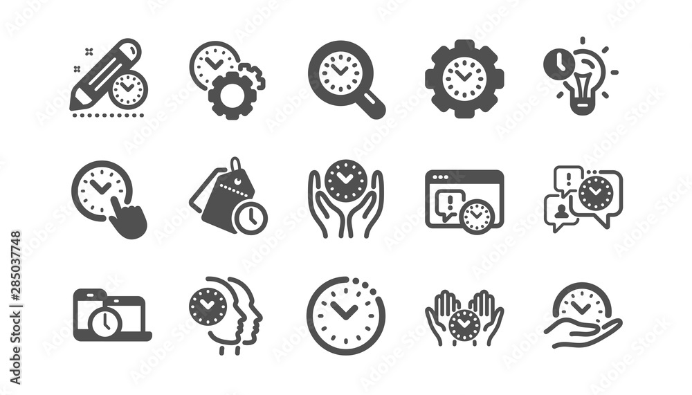 Time management icons. Clock, timer plan and project deadline signs. Countdown clock and appointment reminder icons. Classic set. Quality set. Vector