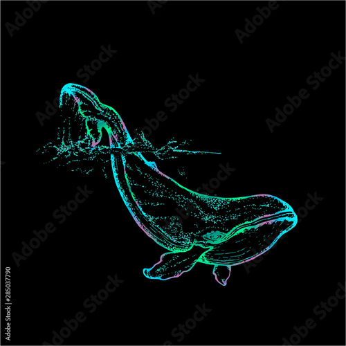 Neon illustration of a whale raising tail in the sea waves. An idea for a tattoo.