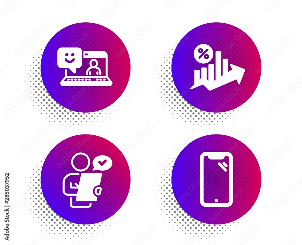 Customer survey, Loan percent and Smile icons simple set. Halftone dots button. Smartphone sign. Contract, Growth chart, Laptop feedback. Phone. Technology set. Vector