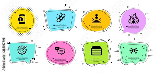 Phone payment, Dollar exchange and Servers line icons set. Chat bubbles with quotes. Fire energy, Resilience and Settings gear signs. Chemical formula, Text message symbols. Vector