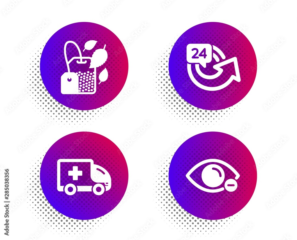 Ambulance emergency, Mint bag and 24 hours icons simple set. Halftone dots button. Myopia sign. Medical transport, Mentha tea, Repeat. Eye vision. Medical set. Vector Ambulance emergency, Mint bag and 24 hours icons simple set. Halftone dots button. Myopia sign. Medical transport, Mentha tea, Repeat. Eye vision. Medical set. Vector