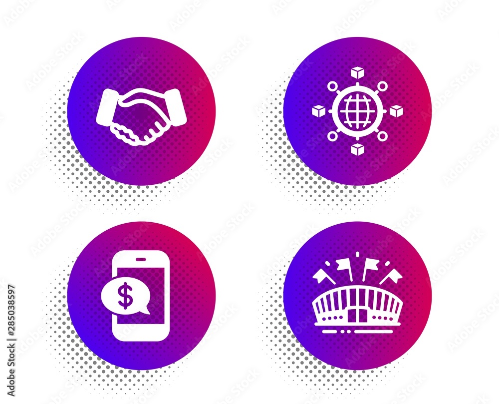 Handshake, Logistics network and Phone payment icons simple set. Halftone dots button. Sports arena sign. Deal hand, International tracking, Mobile pay. Event stadium. Business set. Vector