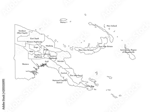 Vector isolated illustration of simplified administrative map of Papua New Guinea. Borders and names of the province; Black line silhouettes photo