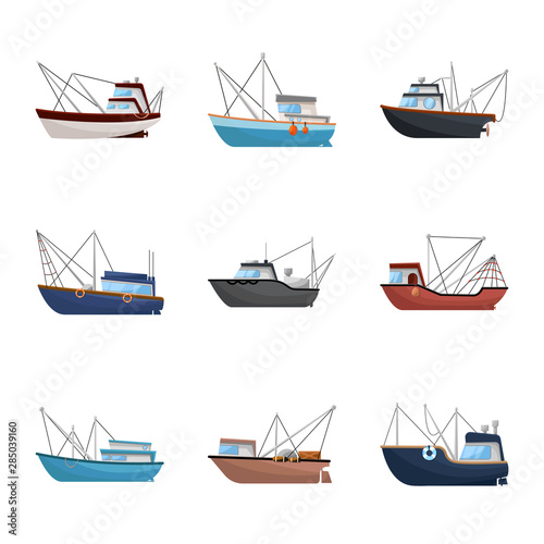 Vector illustration of boat and fishing symbol. Set of boat and vessel vector icon for stock.