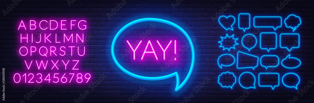 Neon sign yay in frame on dark background. Set of neon speech bubbles and the alphabet on a dark background. Template for design.
