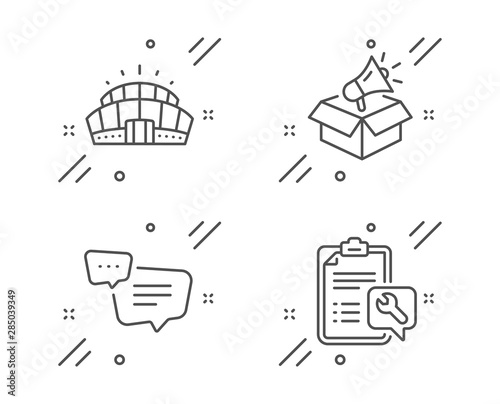 Megaphone box, Text message and Arena stadium line icons set. Spanner sign. Brand marketing, Chat bubble, Competition building. Repair service. Line megaphone box outline icon. Vector