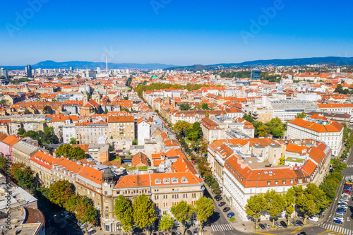 Zagreb, capital of Croatia, old city center down town aerial view from drone