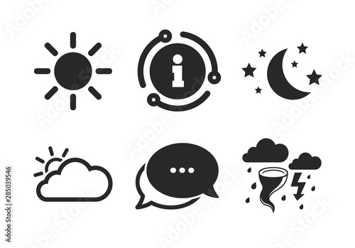 Moon and stars night. Chat, info sign. Weather icons. Cloud and sun signs. Storm or thunderstorm with lightning symbol. Classic style speech bubble icon. Vector