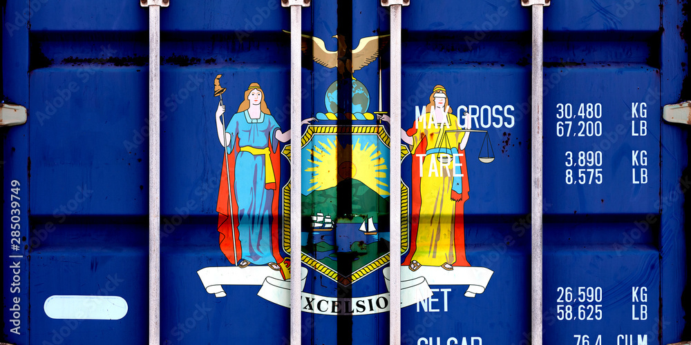 The national flag of the US state New York in a container doors on the day of independence in different colors of blue red and yellow. Political and religious disputes, customs and delivery.