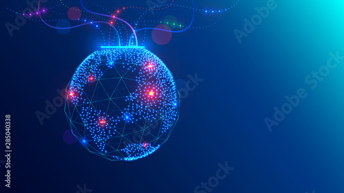 Christmas ball on close up tree in electronic, communication technology style. Global internet, network concept illustration. Tech digital template of greeting card happy new year, merry christmas.