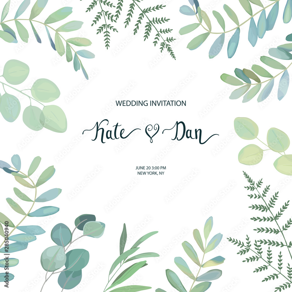 Greenery floral card with eucalyptus branch. Vector botanical illustration. Watercolor style