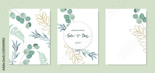 Set of floral card with eucalyptus leaves and gold elements. Greenery frame. Rustic style. For wedding  birthday  party  save the date. Vector illustration. Watercolor style
