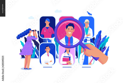 Find a doctor -medical insurance illustration -modern flat vector concept digital illustration - a hand with a magnifying glass, a woman with binocular, doctors portraits - a doctor searching metaphor