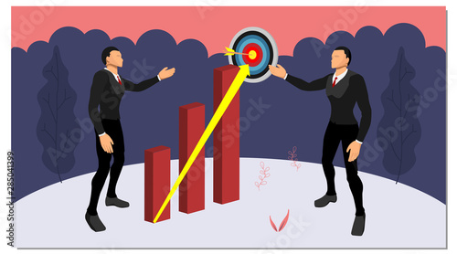 two business people are discussing planning business goals. a two-character vector showing the direction to the target points with hill and tree frames.