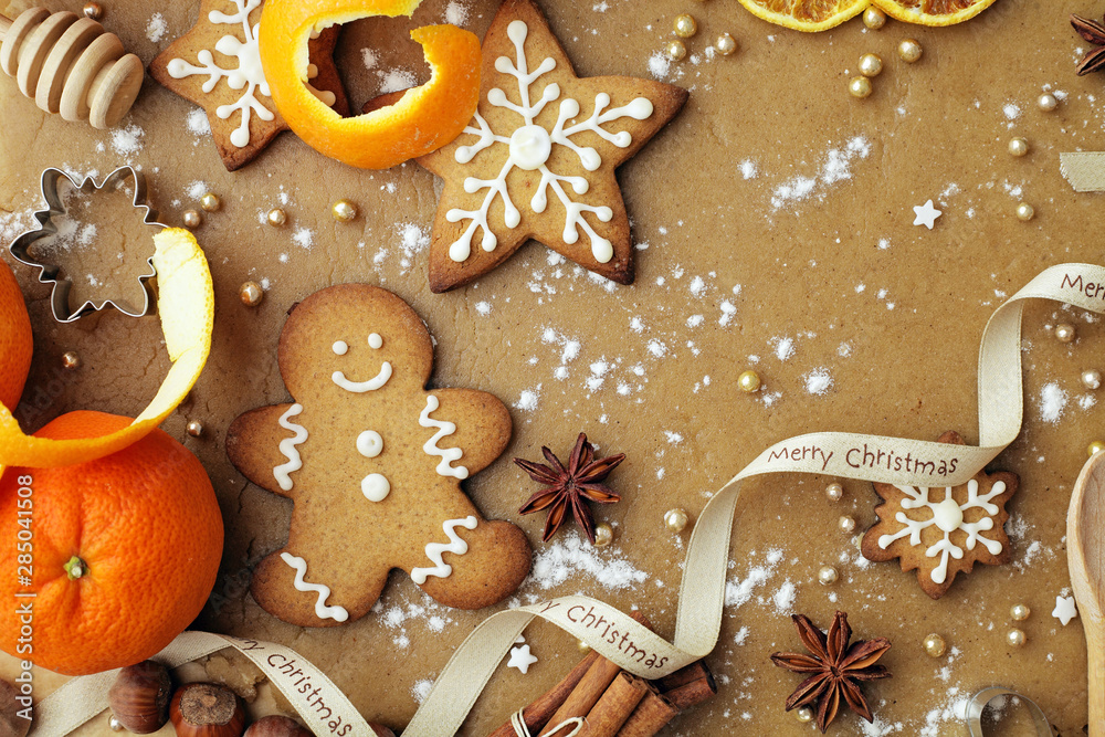 baking of christmas cookies, decorative christmas gingerbreads and spices