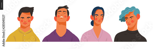 Real people portraits set - hand drawn flat style vector design concept illustration of men and women, male and female faces and shoulders avatars. Flat style vector icons set