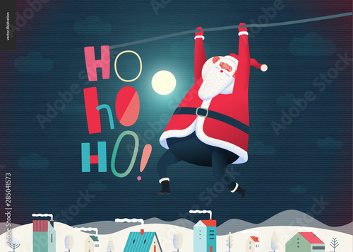 Hanging Santa Claus - Christmas and New Year greeting card - modern flat vector concept illustration of Santa Claus hanging on his hands over the snow-covered landscape, stars and snow golden elements