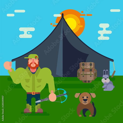 Cartoon hunters vector illustration. Hunter with dog, crossbow and hare near hunting tent on green grass and blue sky with clouds and sun background. Hunt sport for man.