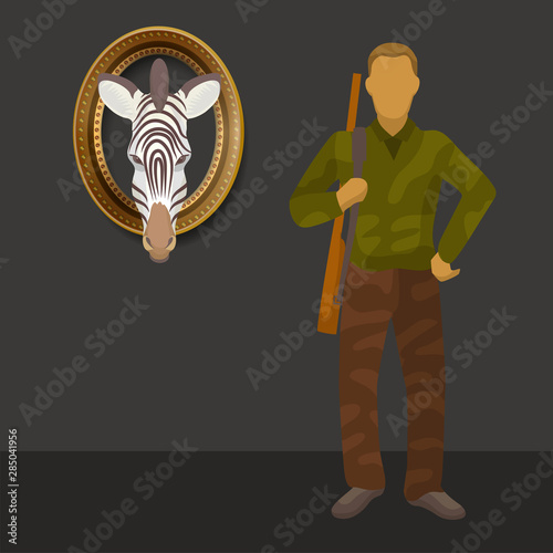 Zebra wild animals trophy and hunter with rifle gun vector illustration. African safari hunting adventure. Hunting on savanna animals and stuffed head trophy in museum.