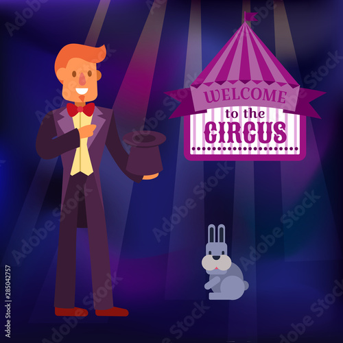 Magician in black suit performing trick with rabbit appearing from a magic top hat cartoon vector Illustration. Circus magical performance and show, neon glow chapiteau.