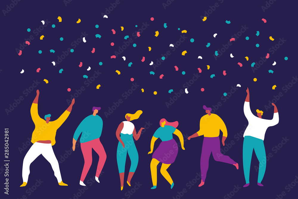 Young People dancing and have fun. Party, celebration, event horizontal banner. Friendship. Student party. New year party. Men and women flat characters isolated on dark background. Young People dancing and have fun. Party, celebration, event horizontal banner. Friendship. Student party. New year party. Men and women flat characters isolated on dark background.