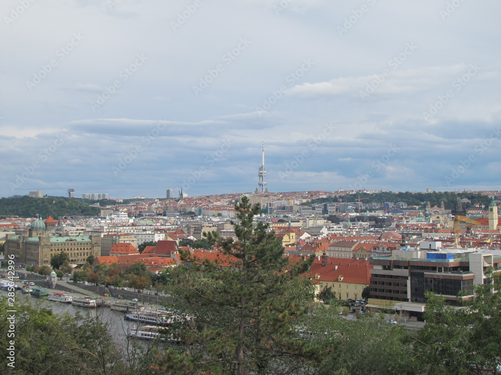 View of the Jewish Quarters and the Zizkov Television Tower in Prague, the Czech Republic